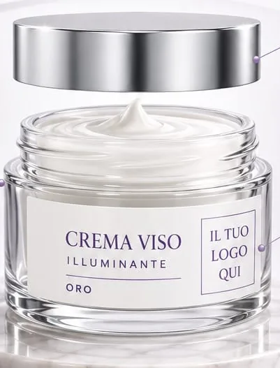 Barattolo di crema viso con etichetta personalizzabile e la scritta «il tuo logo qui».