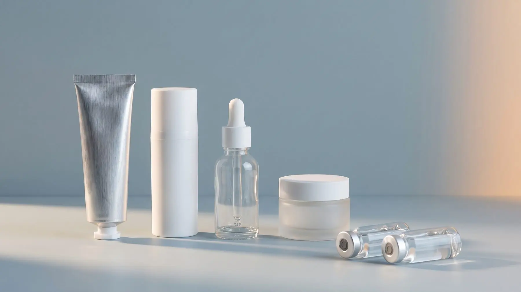 Tubo in alluminio, flacone airless, flacone in vetro con contagocce, vasetto e due fiale sigillate, tutti senza etichetta, allineati su un piano chiaro.