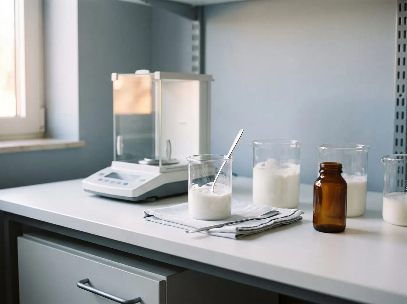 Bancone di laboratorio con bilancia analitica di precisione, becher di vetro contenenti emulsione bianca e una spatola in acciaio.