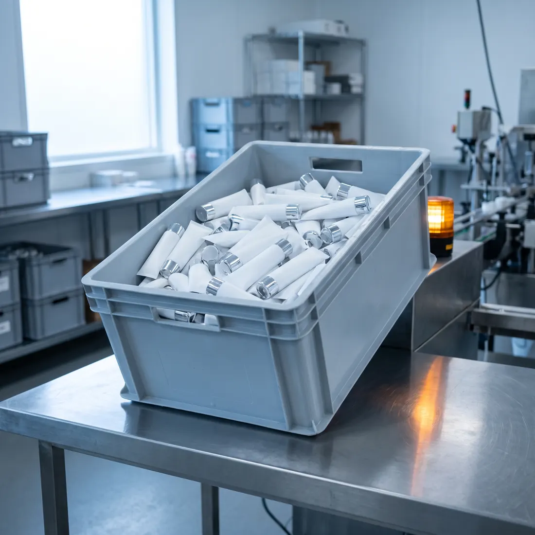 Cassa di produzione grigia colma di tubetti cosmetici bianchi senza etichetta, su un bancone d'acciaio in reparto.
