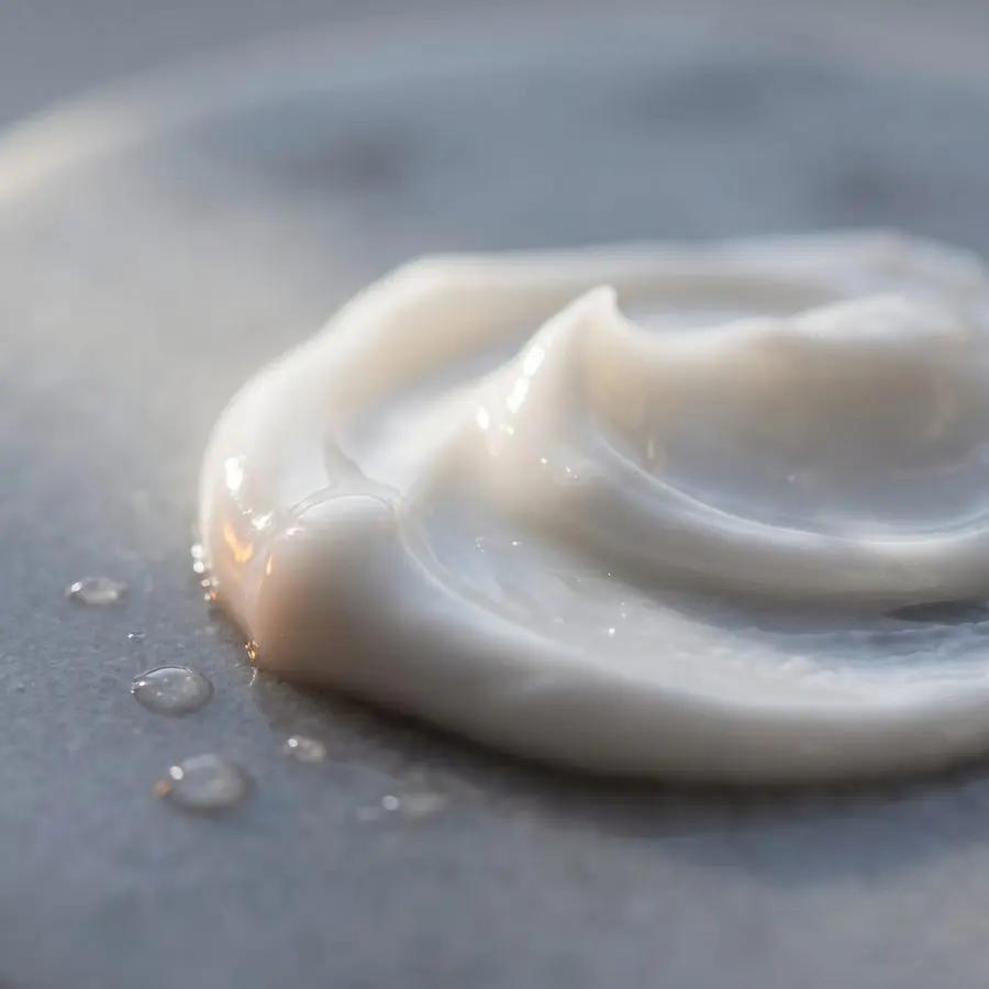 Macrofotografia di una crema cosmetica bianca dalla consistenza lucida su un piano grigio.